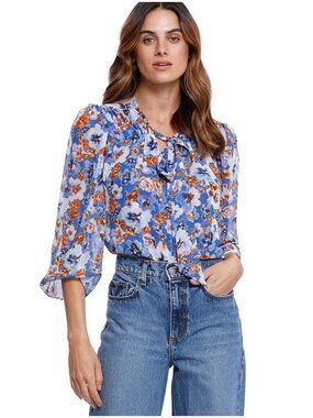 MISA Los Angeles Ceyla Floral Print Blouse size XS blue chiffon tie neck top